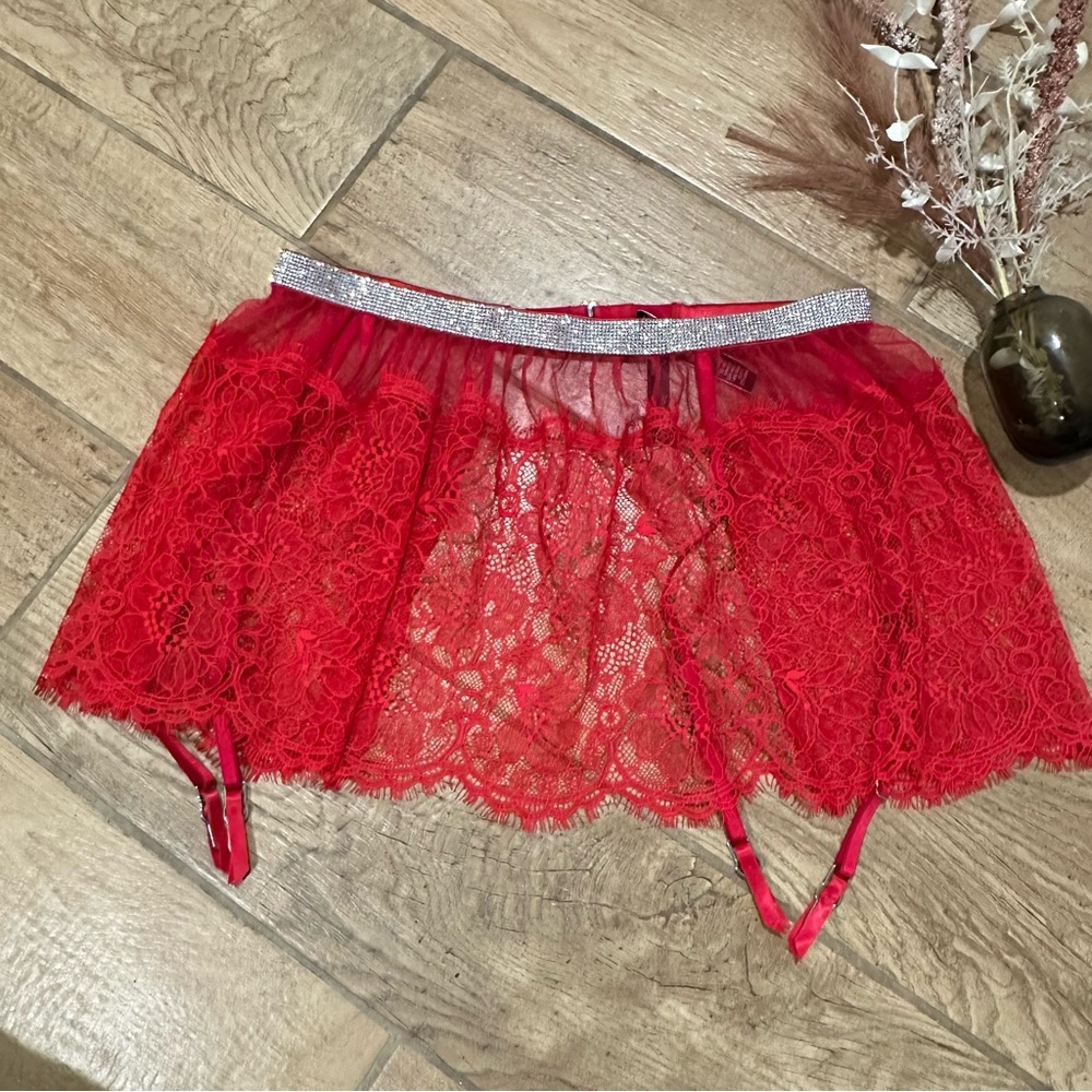 XS Victoria’s Secret Very Sexy red lace shine strap bling lace garter skirt